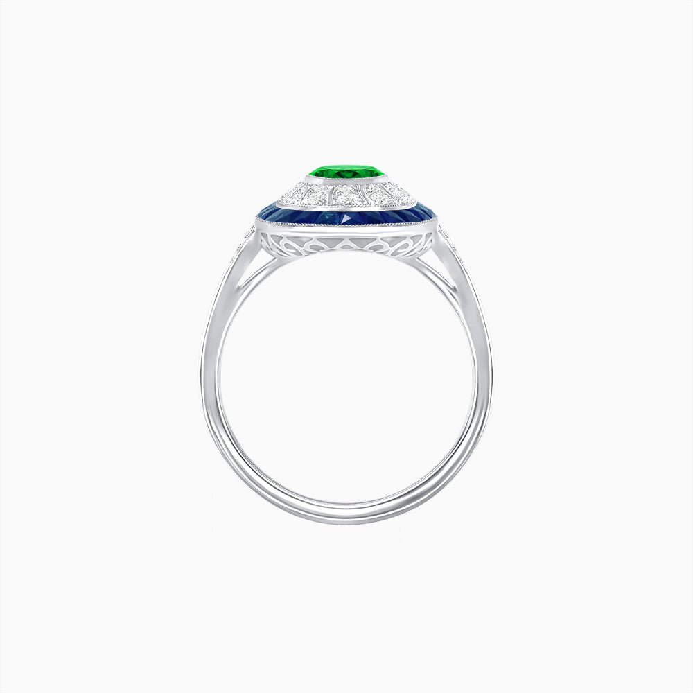 Art Deco Style Oval Ring with French-Cut Gemstone Halo and Diamond Accents - Shahin Jewelry