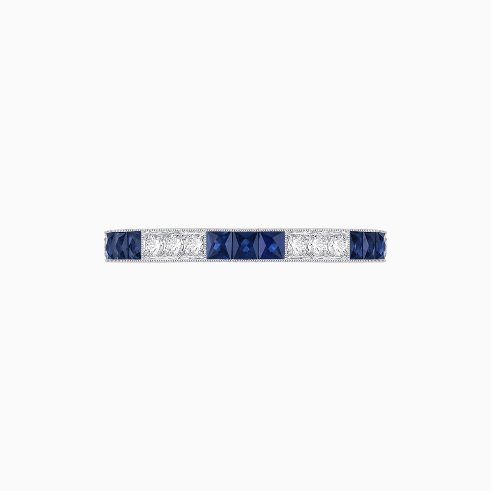 Art Deco Style Square Blue Sapphire and Diamond Half Eternity Band in 14K White Gold - Shahin Jewelry