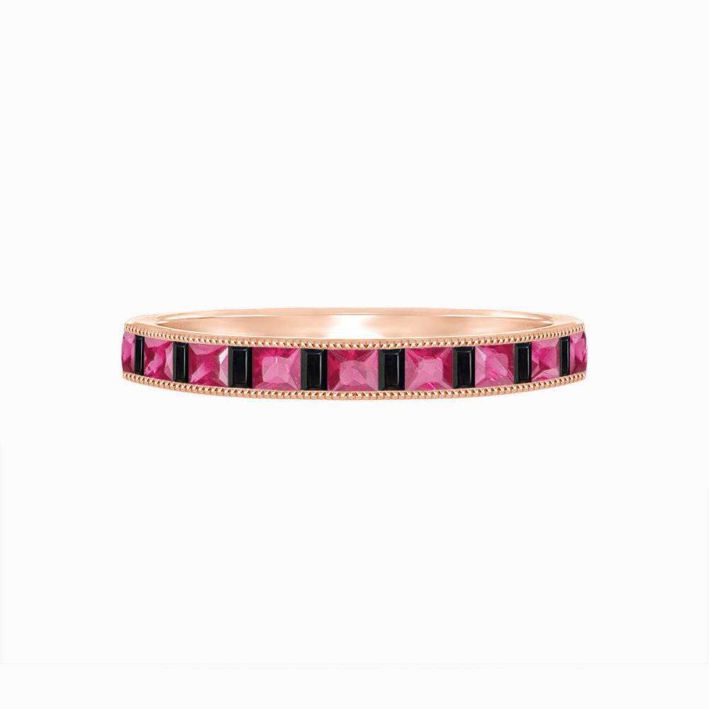 Art Deco Style Square - cut Spinel and Baguette Onyx Channel - Set Half Band in 14K Rose Gold - Shahin Jewelry