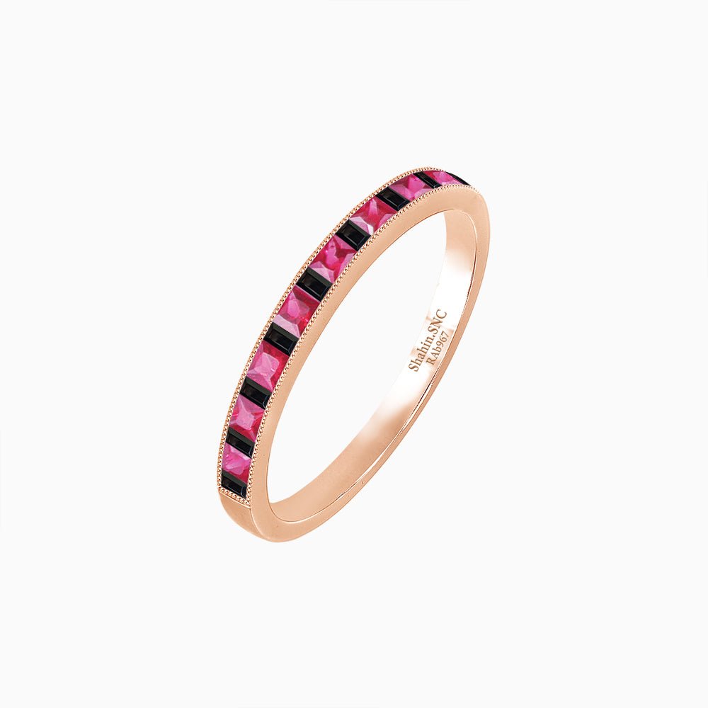 Art Deco Style Square - cut Spinel and Baguette Onyx Channel - Set Half Band in 14K Rose Gold - Shahin Jewelry