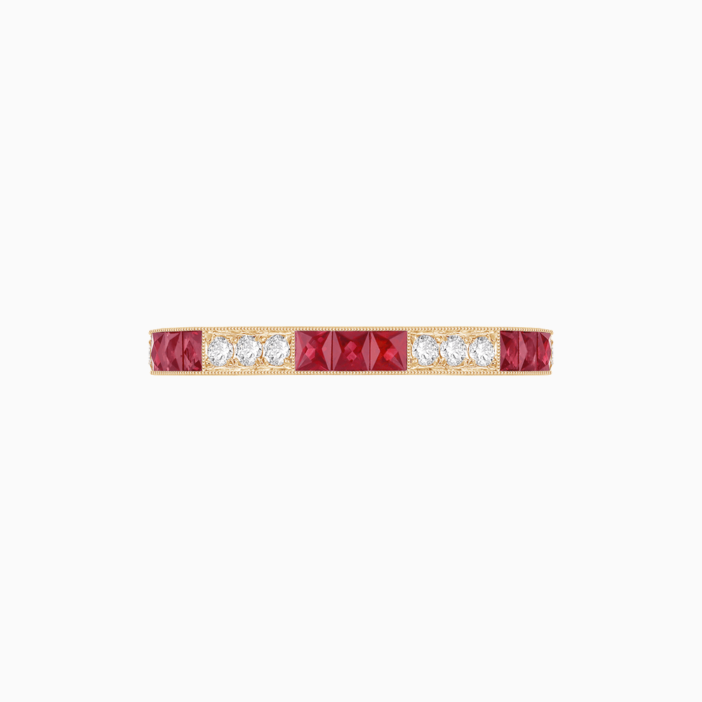 Art Deco Style Square Ruby and Diamond Half Eternity Band in 14K Yellow Gold - Shahin Jewelry