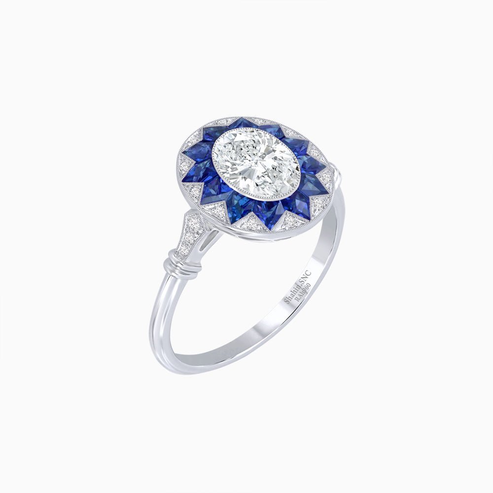 Art Deco Style Star Design Ring Oval Cut Diamond - Shahin Jewelry