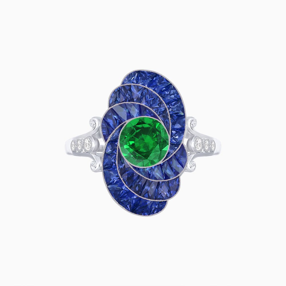 Art Deco Style Swirl Ring with Round Center Stone and Calibre-Cut Gemstone Accents - Shahin Jewelry
