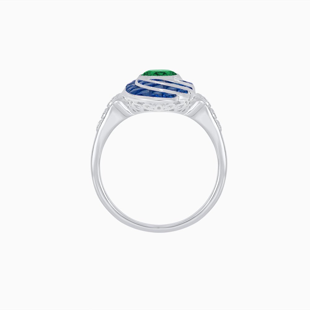 Art Deco Style Swirl Ring with Round Center Stone and Calibre-Cut Gemstone Accents - Shahin Jewelry