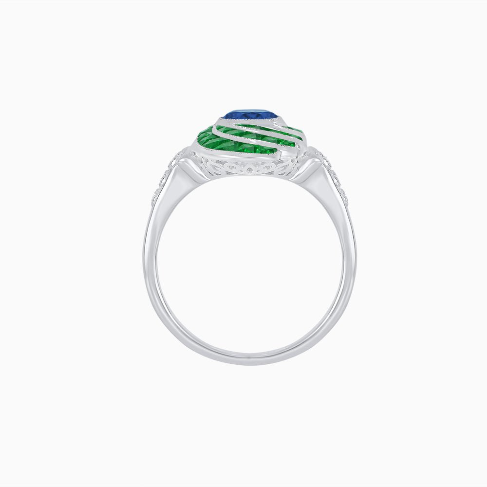 Art Deco Style Swirl Ring with Round Center Stone and Calibre-Cut Gemstone Accents - Shahin Jewelry