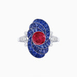 Load image into Gallery viewer, Art Deco Style Swirl Ring with Round Center Stone and Calibre-Cut Gemstone Accents - Shahin Jewelry