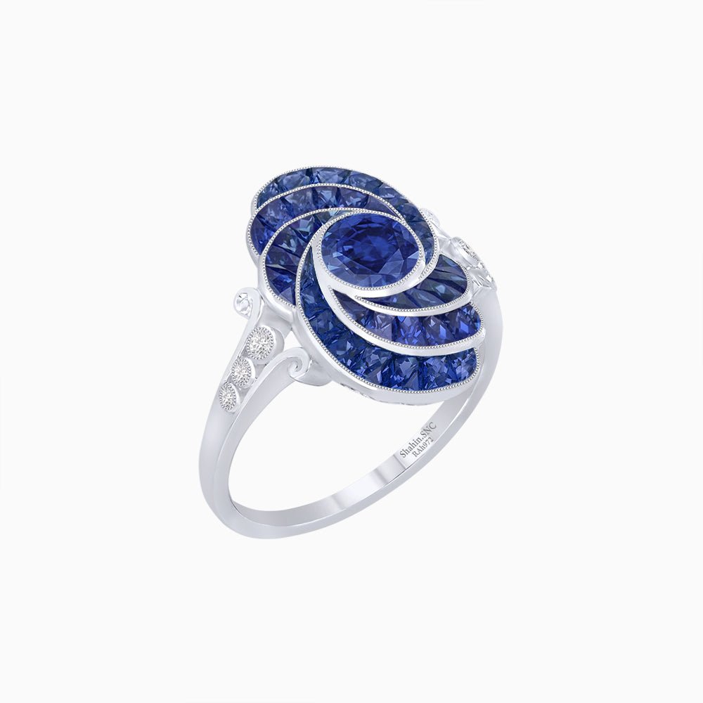 Art Deco Style Swirl Ring with Round Center Stone and Calibre-Cut Gemstone Accents - Shahin Jewelry