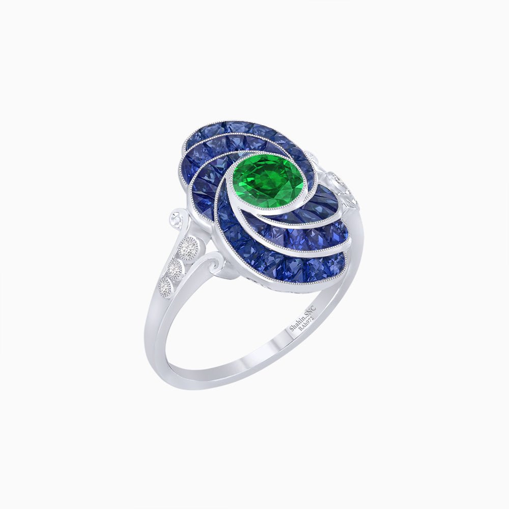 Art Deco Style Swirl Ring with Round Center Stone and Calibre-Cut Gemstone Accents - Shahin Jewelry
