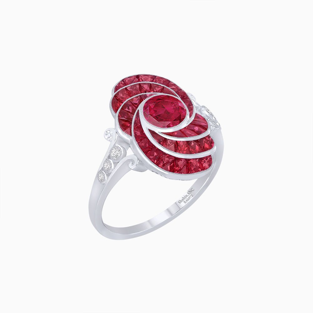 Art Deco Style Swirl Ring with Round Center Stone and Calibre-Cut Gemstone Accents - Shahin Jewelry