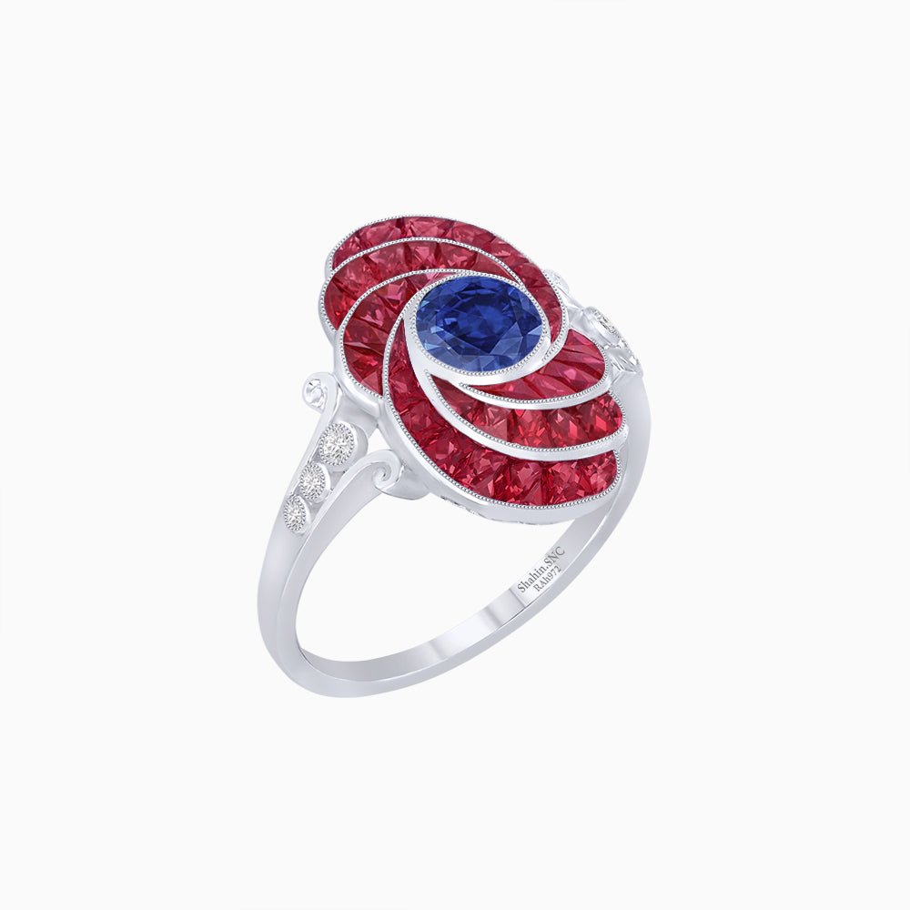 Art Deco Style Swirl Ring with Round Center Stone and Calibre-Cut Gemstone Accents - Shahin Jewelry