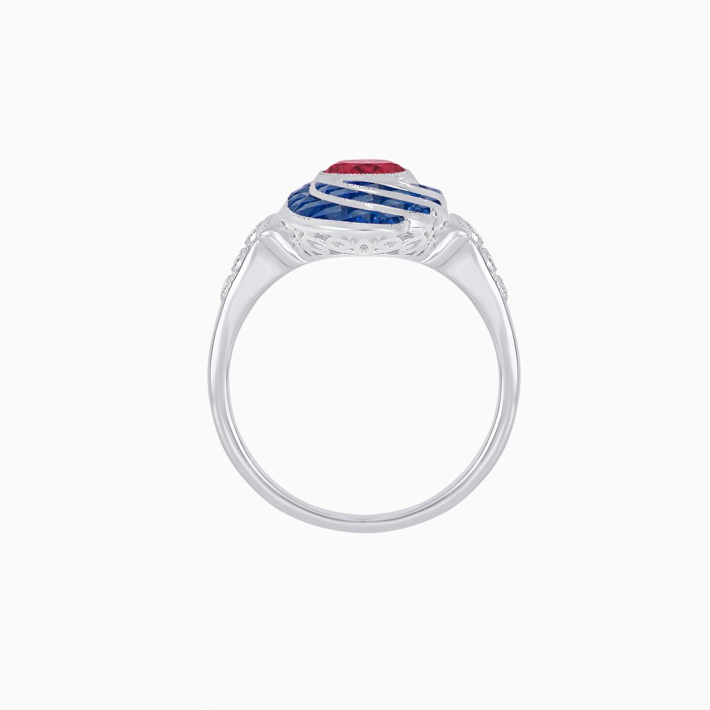 Art Deco Style Swirl Ring with Round Center Stone and Calibre-Cut Gemstone Accents - Shahin Jewelry