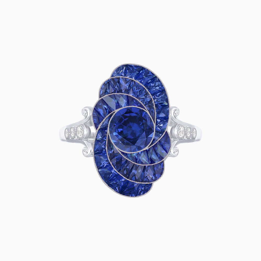 Art Deco Style Swirl Ring with Round Center Stone and Calibre-Cut Gemstone Accents - Shahin Jewelry