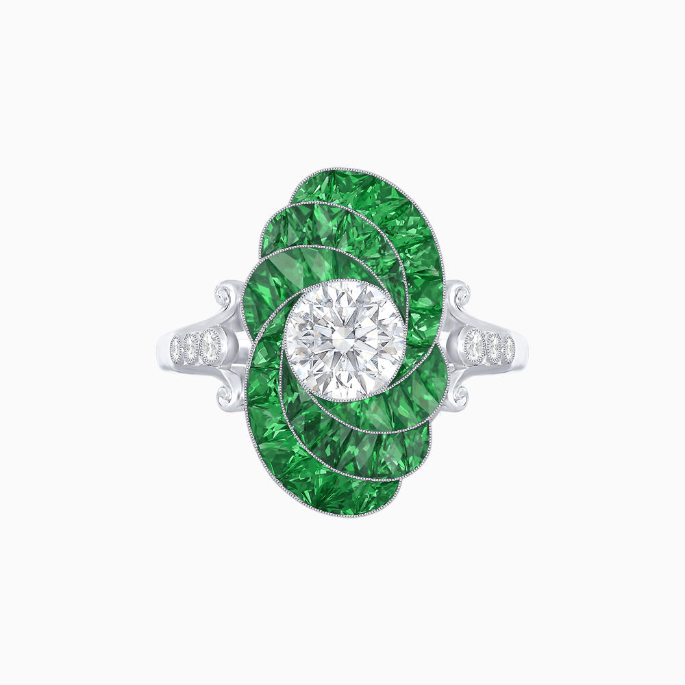 Art Deco Style Swirl Ring with Round Center Stone and Calibre-Cut Gemstone Accents - Shahin Jewelry