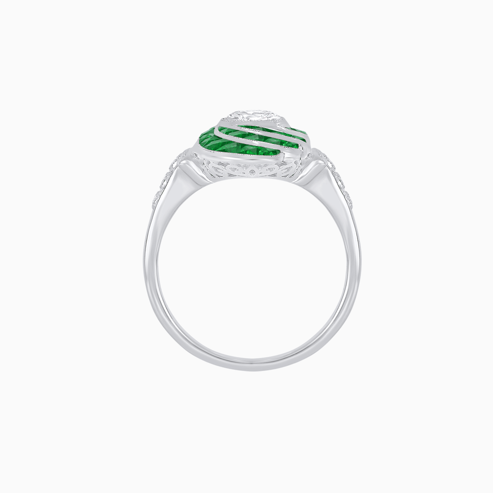 Art Deco Style Swirl Ring with Round Center Stone and Calibre-Cut Gemstone Accents - Shahin Jewelry