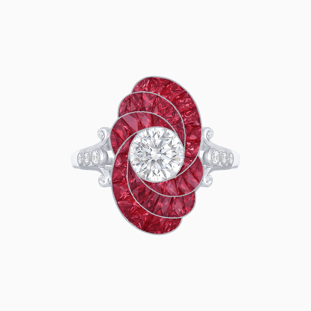 Art Deco Style Swirl Ring with Round Center Stone and Calibre-Cut Gemstone Accents - Shahin Jewelry