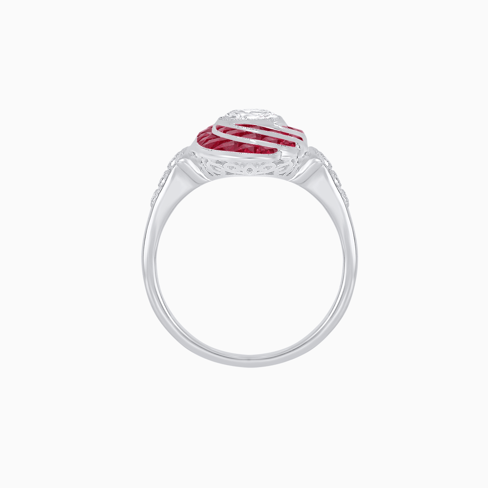 Art Deco Style Swirl Ring with Round Center Stone and Calibre-Cut Gemstone Accents - Shahin Jewelry
