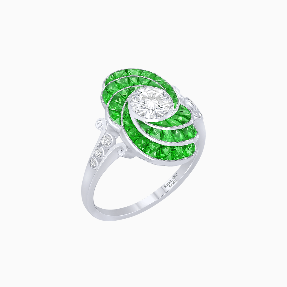 Art Deco Style Swirl Ring with Round Center Stone and Calibre-Cut Gemstone Accents - Shahin Jewelry