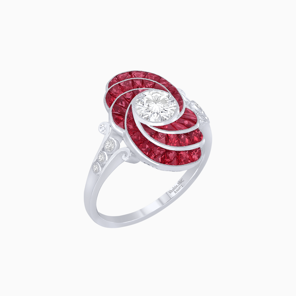 Art Deco Style Swirl Ring with Round Center Stone and Calibre-Cut Gemstone Accents - Shahin Jewelry