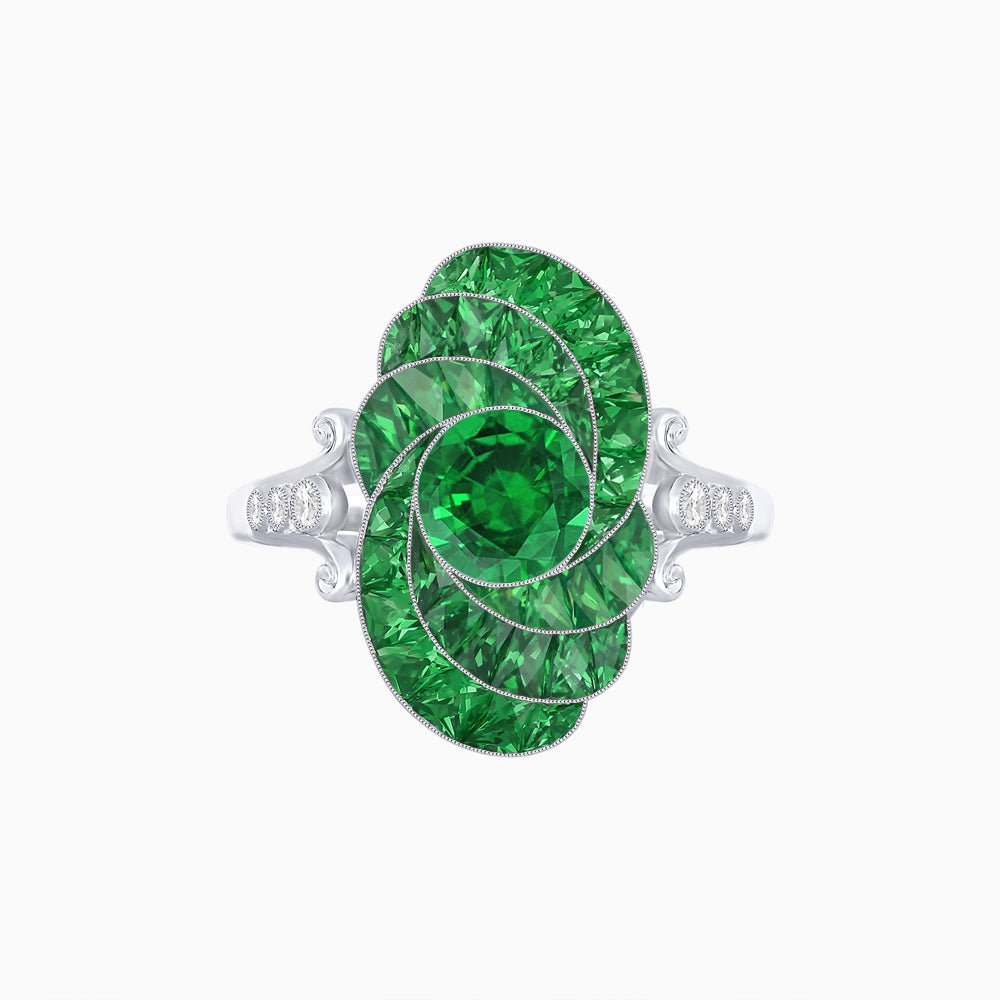 Art Deco Style Swirl Ring with Round Center Stone and Calibre-Cut Gemstone Accents - Shahin Jewelry