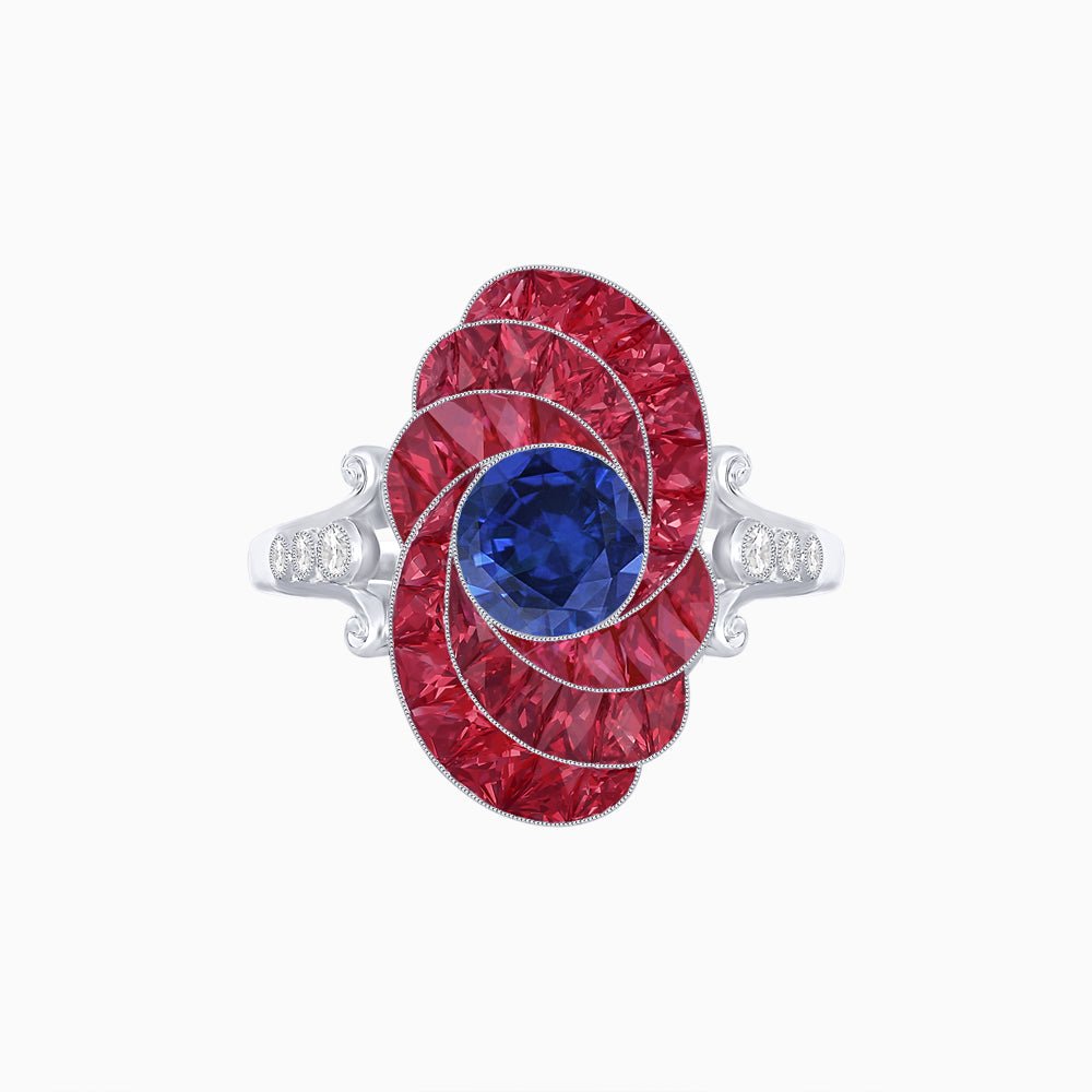 Art Deco Style Swirl Ring with Round Center Stone and Calibre-Cut Gemstone Accents - Shahin Jewelry