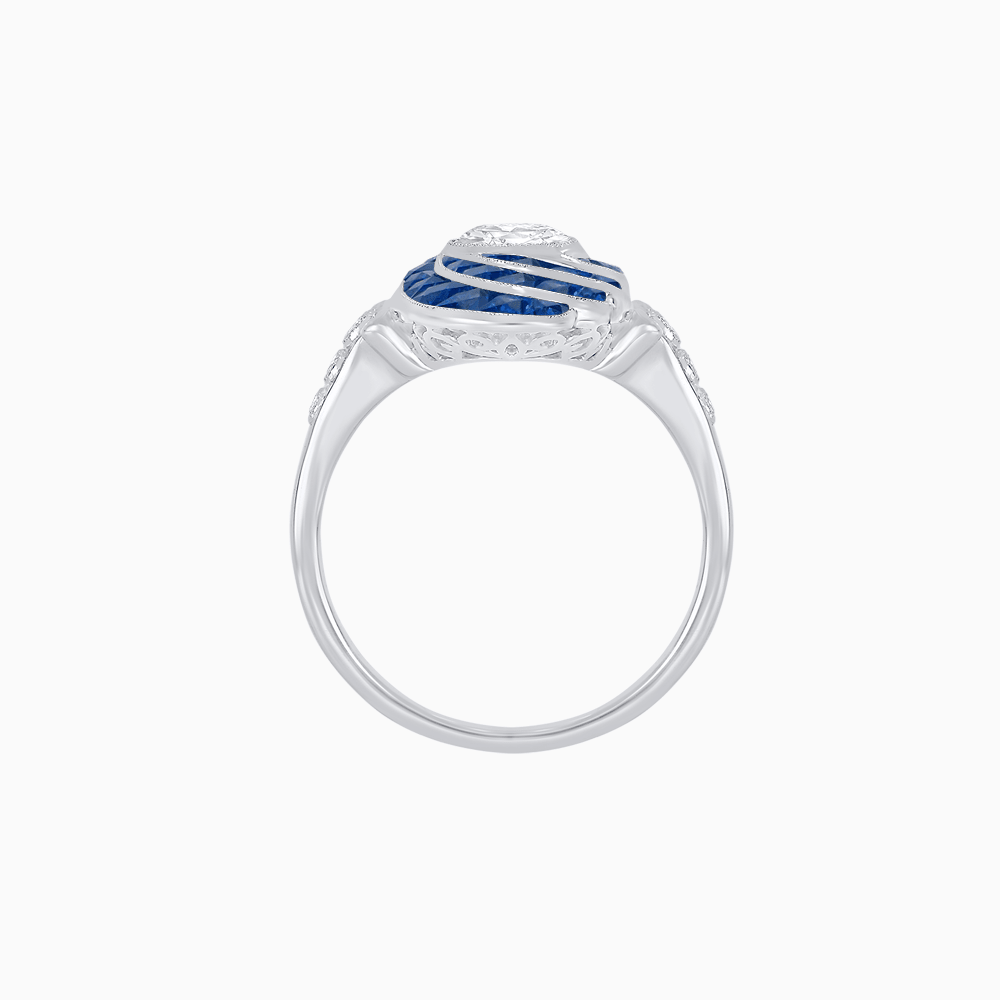 Art Deco Style Swirl Ring with Round Center Stone and Calibre-Cut Gemstone Accents - Shahin Jewelry
