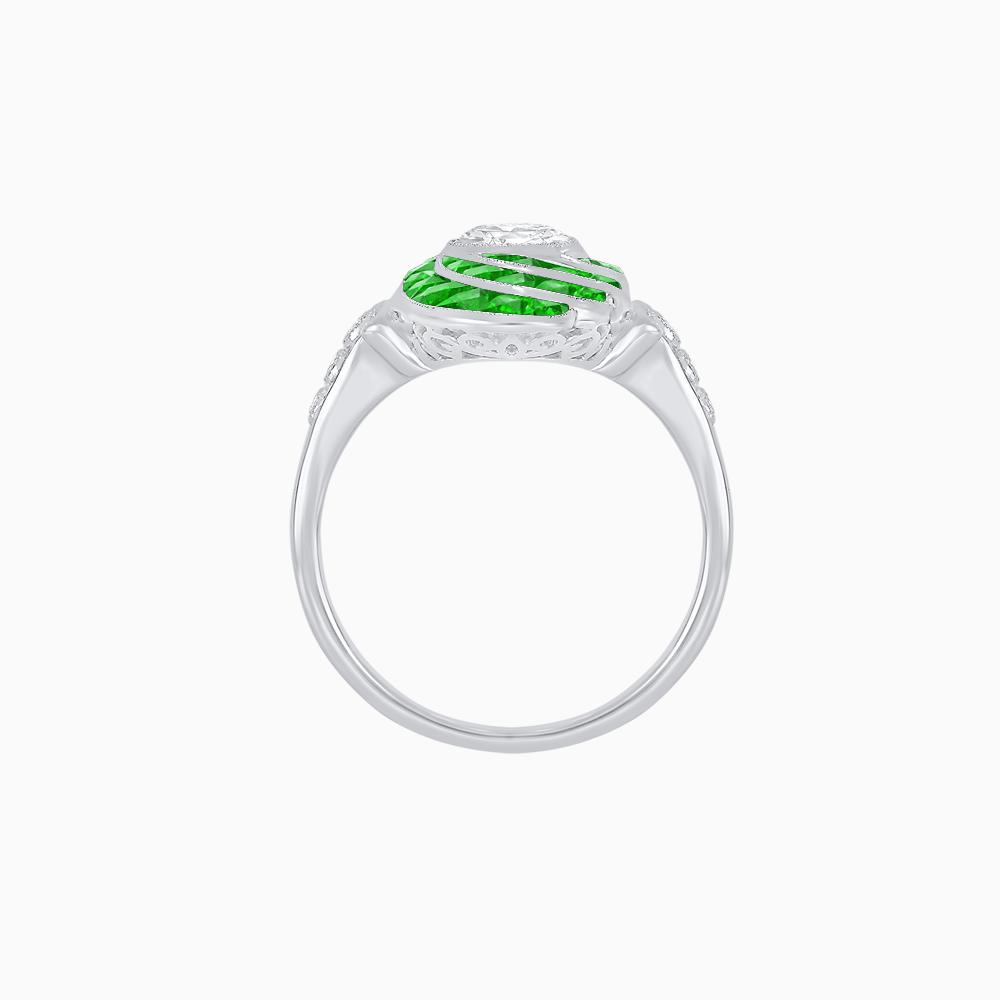 Art Deco Style Swirl Ring with Round Center Stone and Calibre-Cut Gemstone Accents - Shahin Jewelry