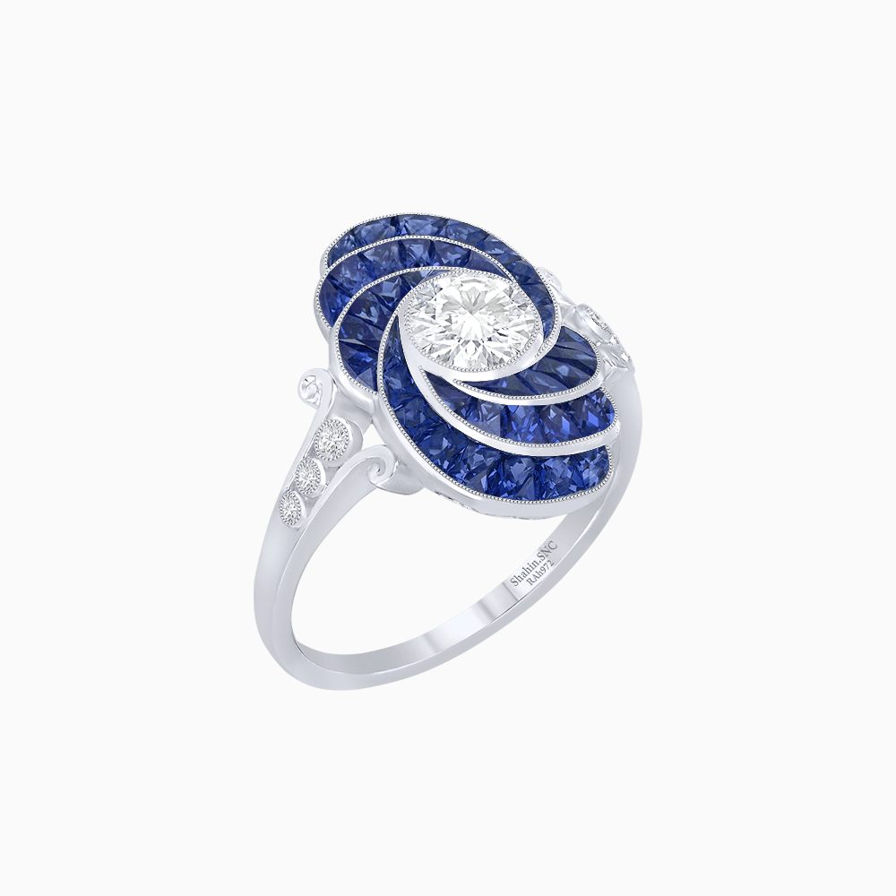 Art Deco Style Swirl Ring with Round Center Stone and Calibre-Cut Gemstone Accents - Shahin Jewelry