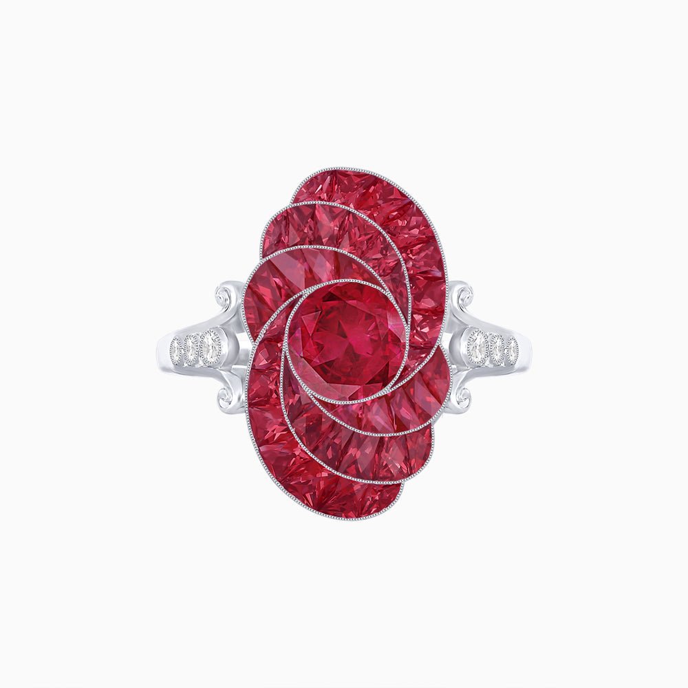 Art Deco Style Swirl Ring with Round Center Stone and Calibre-Cut Gemstone Accents - Shahin Jewelry