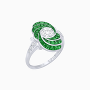 Art Deco Style Swirl Ring with Round Center Stone and Calibre-Cut Gemstone Accents - Shahin Jewelry