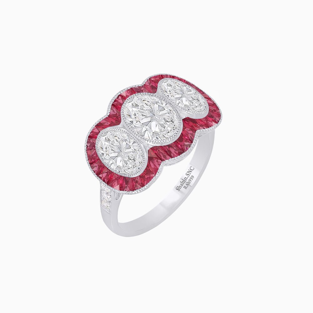 Art Deco Style Three-Stone Engagement Ring with Diamond and Gemstones - Shahin Jewelry
