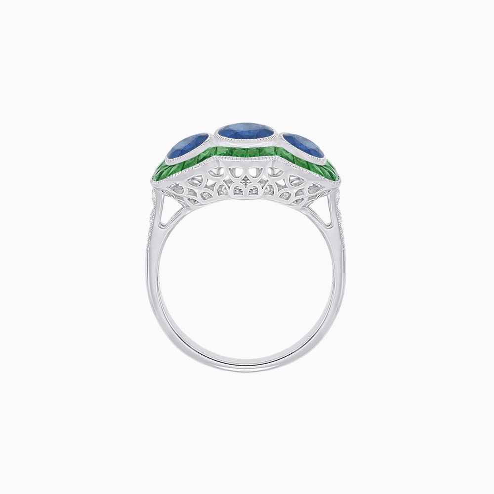 Art Deco Style Three-Stone Engagement Ring with Diamond and Gemstones - Shahin Jewelry