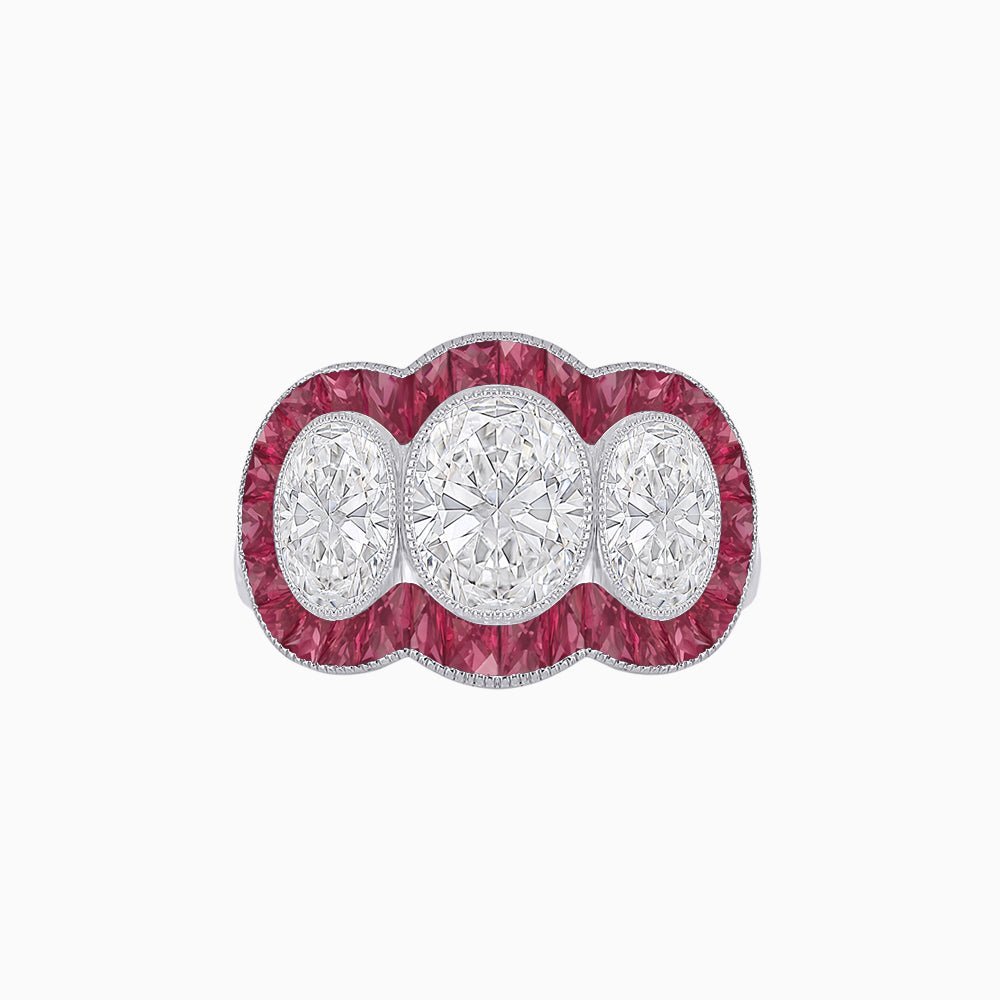 Art Deco Style Three-Stone Engagement Ring with Diamond and Gemstones - Shahin Jewelry