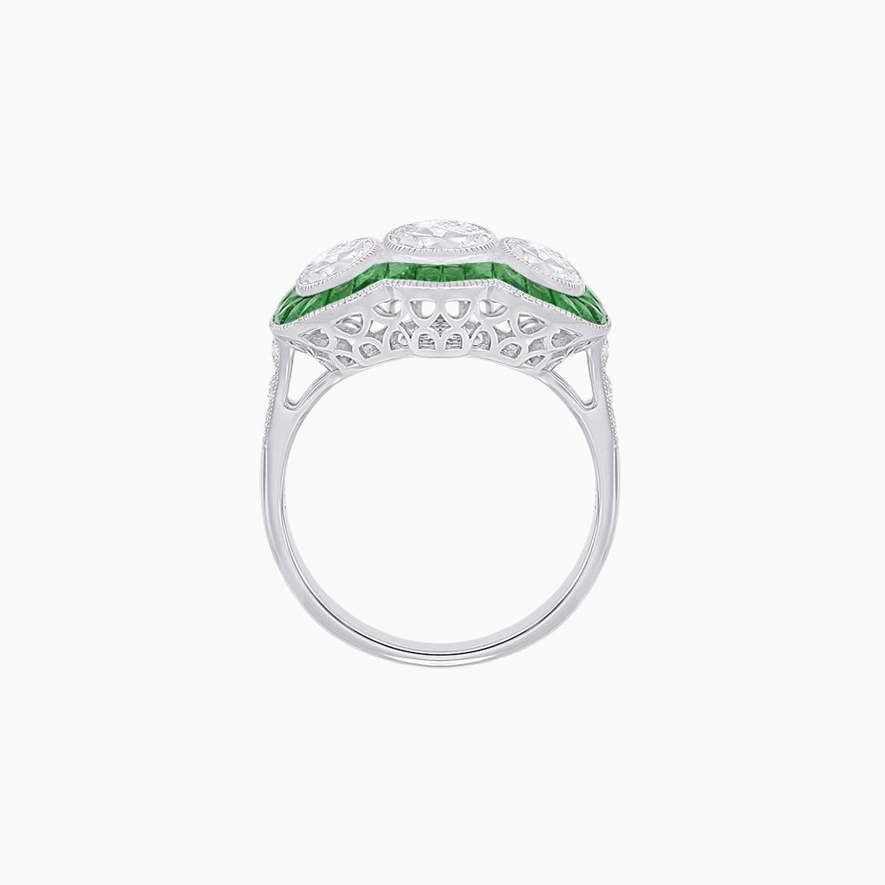 Art Deco Style Three-Stone Engagement Ring with Diamond and Gemstones - Shahin Jewelry