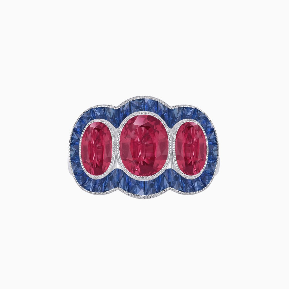 Art Deco Style Three-Stone Engagement Ring with Diamond and Gemstones - Shahin Jewelry