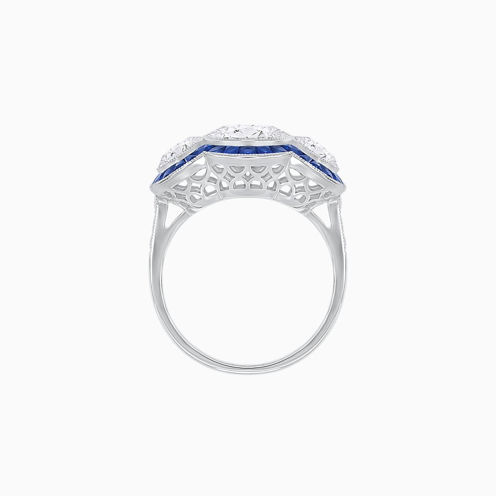 Art Deco Style Three - Stone Engagement Ring with Diamond and Gemstones - Shahin Jewelry