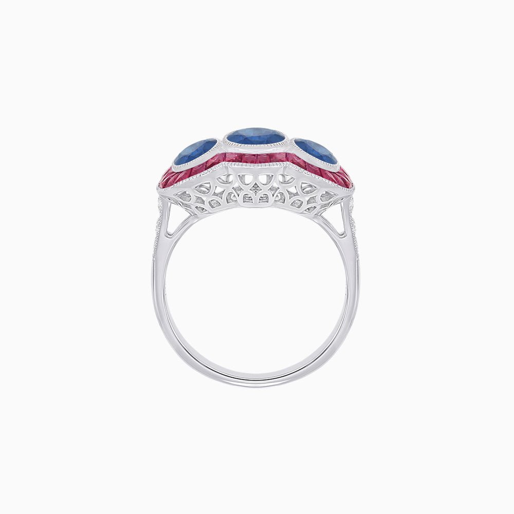 Art Deco Style Three-Stone Engagement Ring with Diamond and Gemstones - Shahin Jewelry