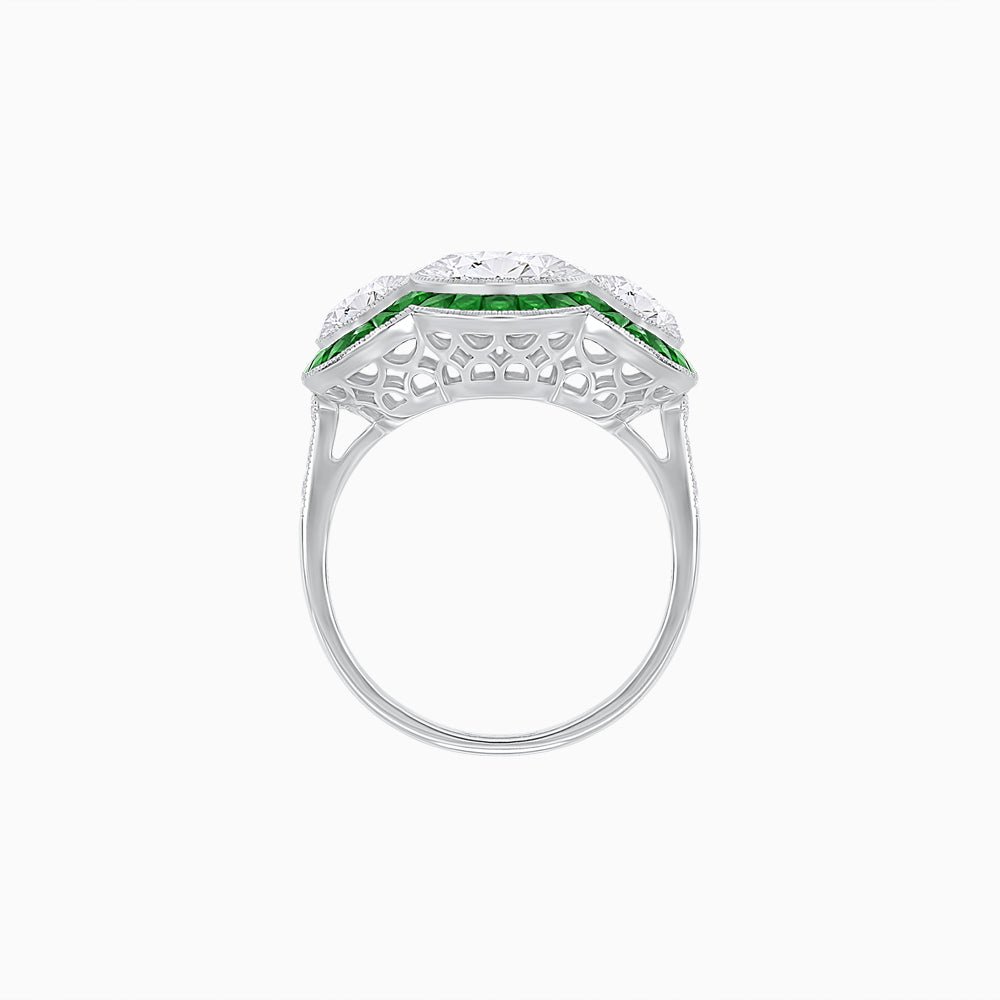 Art Deco Style Three - Stone Engagement Ring with Diamond and Gemstones - Shahin Jewelry