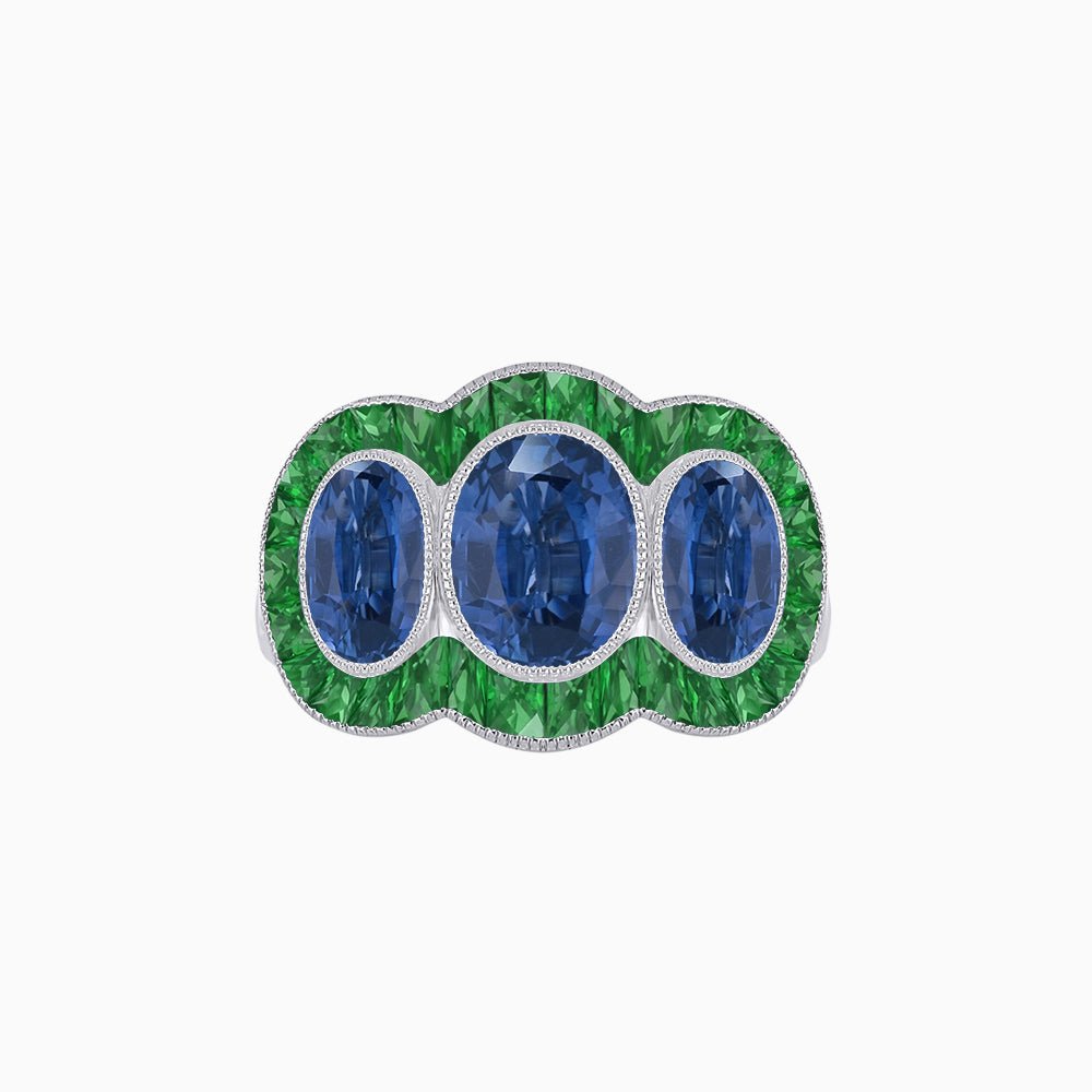 Art Deco Style Three-Stone Engagement Ring with Diamond and Gemstones - Shahin Jewelry