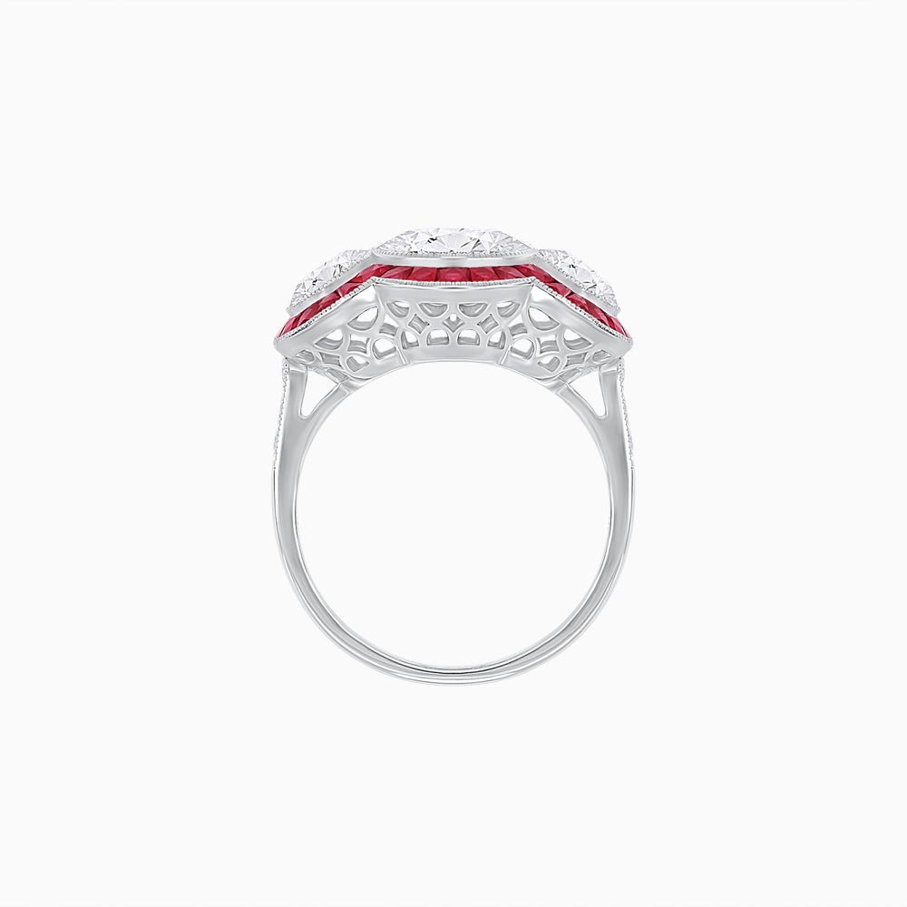 Art Deco Style Three - Stone Engagement Ring with Diamond and Gemstones - Shahin Jewelry