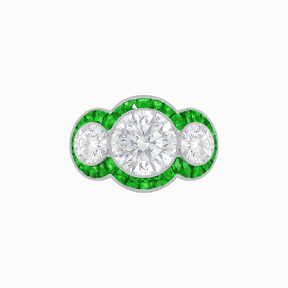 Art Deco Style Three - Stone Engagement Ring with Diamond and Gemstones - Shahin Jewelry