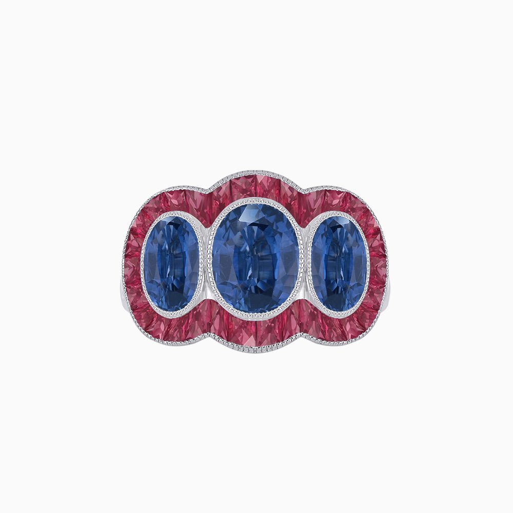 Art Deco Style Three-Stone Engagement Ring with Diamond and Gemstones - Shahin Jewelry