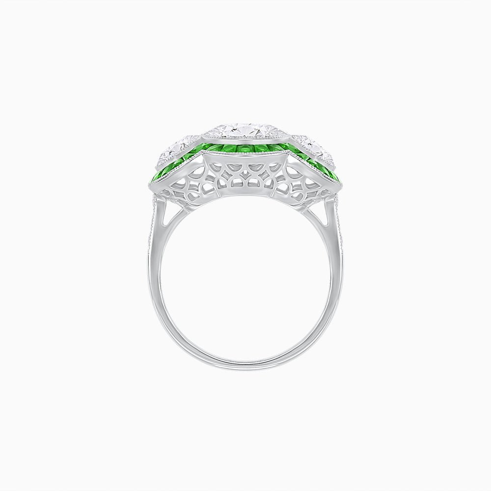 Art Deco Style Three - Stone Engagement Ring with Diamond and Gemstones - Shahin Jewelry