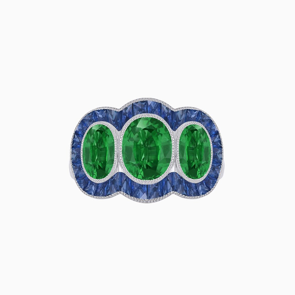 Art Deco Style Three-Stone Engagement Ring with Diamond and Gemstones - Shahin Jewelry