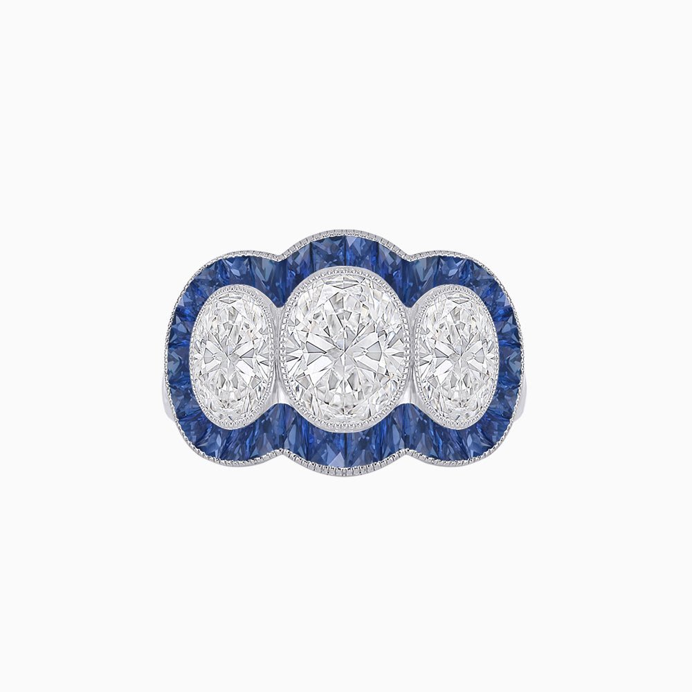 Art Deco Style Three-Stone Engagement Ring with Diamond and Gemstones - Shahin Jewelry