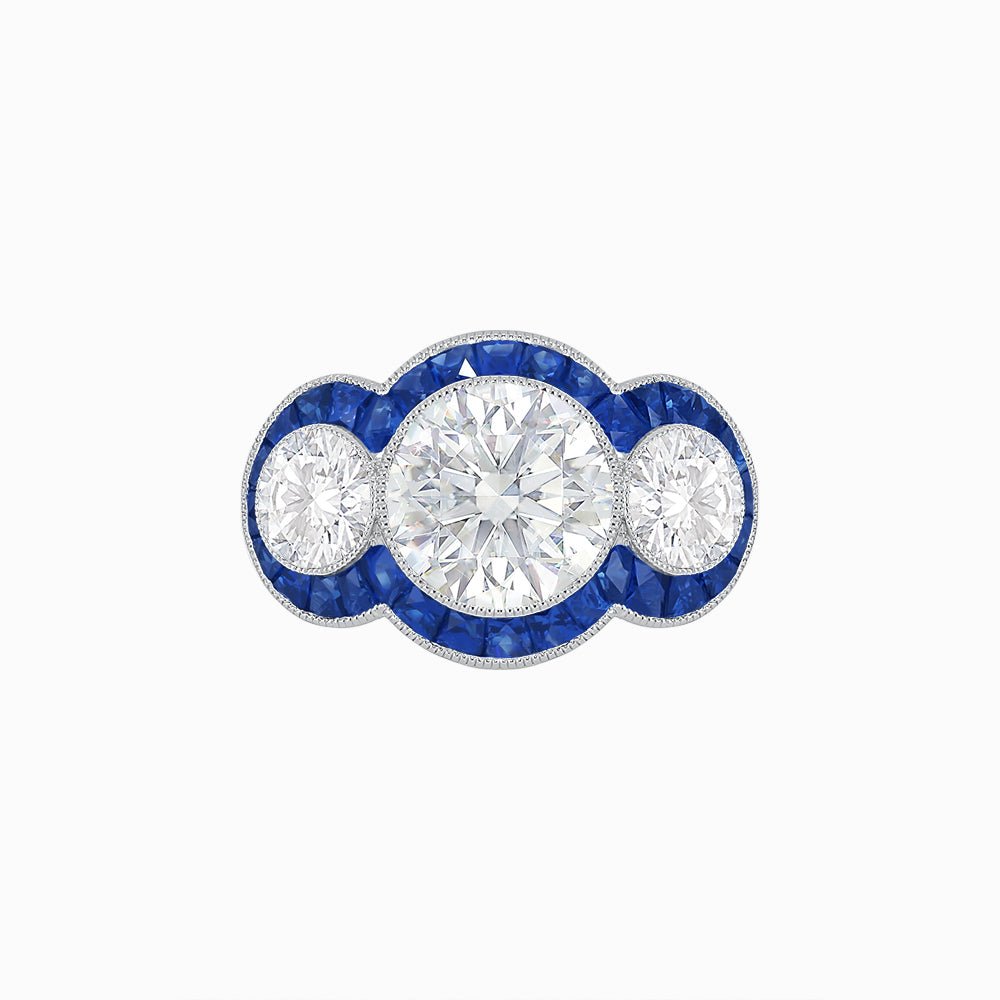 Art Deco Style Three - Stone Engagement Ring with Diamond and Gemstones - Shahin Jewelry