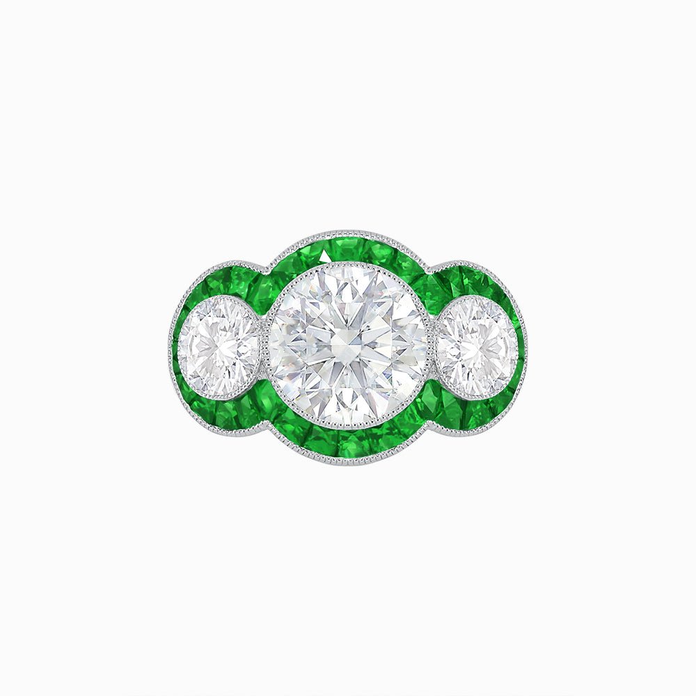 Art Deco Style Three - Stone Engagement Ring with Diamond and Gemstones - Shahin Jewelry