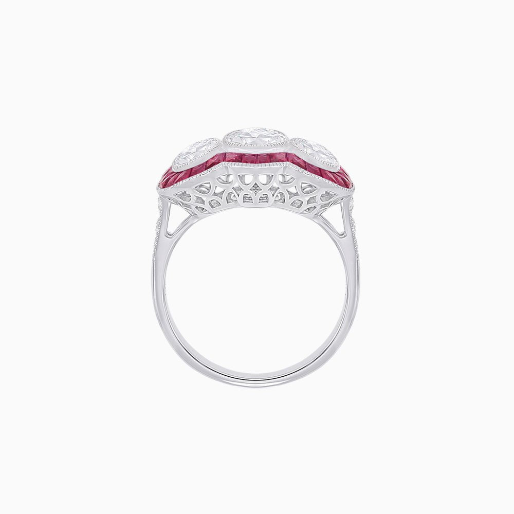 Art Deco Style Three-Stone Engagement Ring with Diamond and Gemstones - Shahin Jewelry