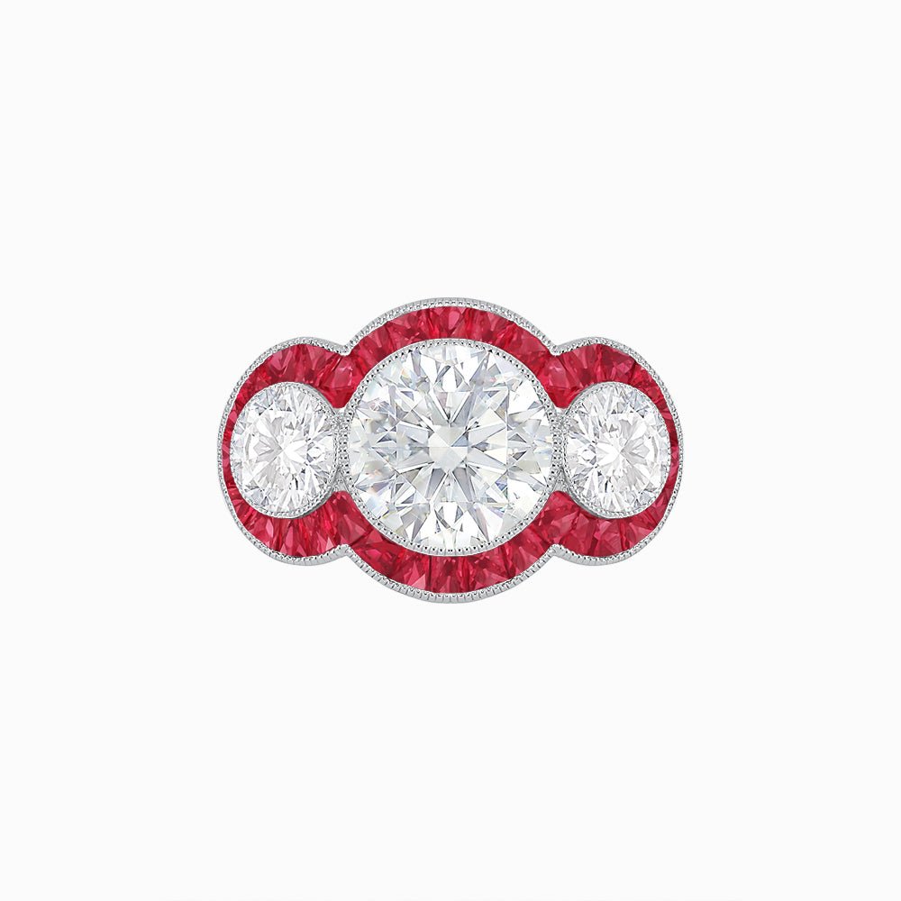 Art Deco Style Three - Stone Engagement Ring with Diamond and Gemstones - Shahin Jewelry