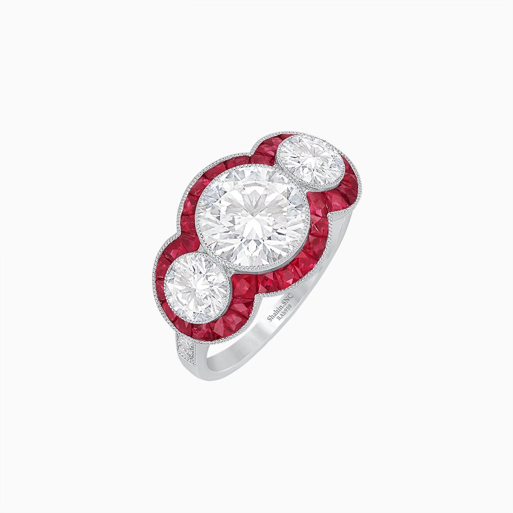 Art Deco Style Three - Stone Engagement Ring with Diamond and Gemstones - Shahin Jewelry