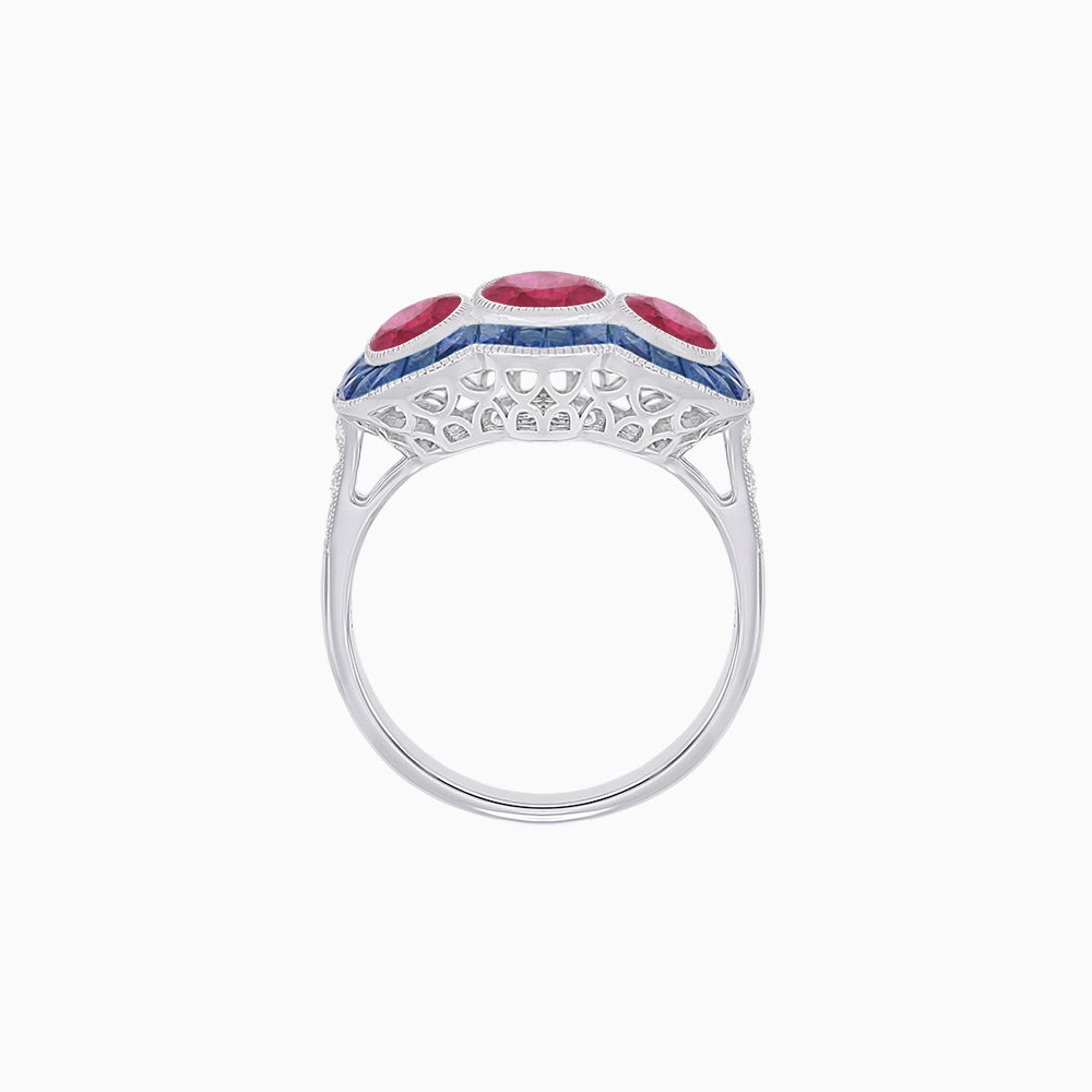 Art Deco Style Three-Stone Engagement Ring with Diamond and Gemstones - Shahin Jewelry